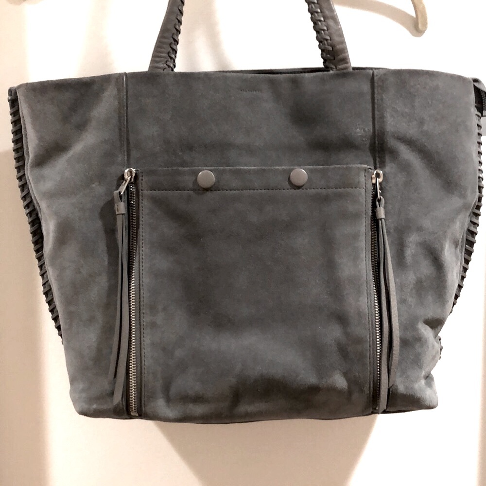 ALLSAINTS Fleur De Lis East West Smokey Gray Suede & Leather Whip Stitch Tote